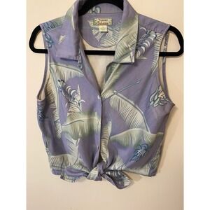 Tommy Bahama Silk Tropical Tie Front Shirt Lavender Resort Coastal Vacation M